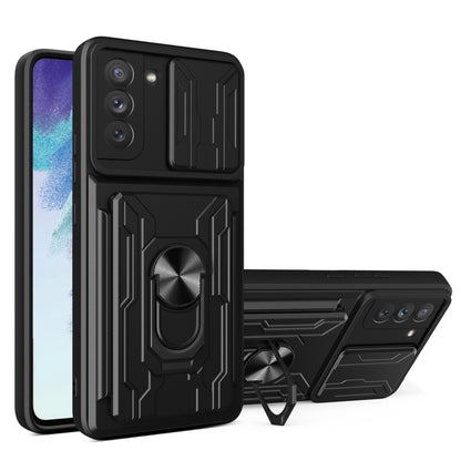 Black phone case with camera cover, card slot, and kickstand holder