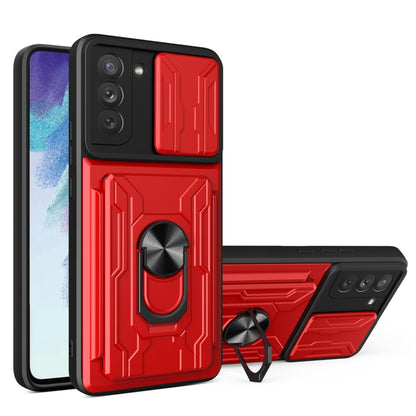 Red phone case with hinged camera cover and card slot, kickstand holder