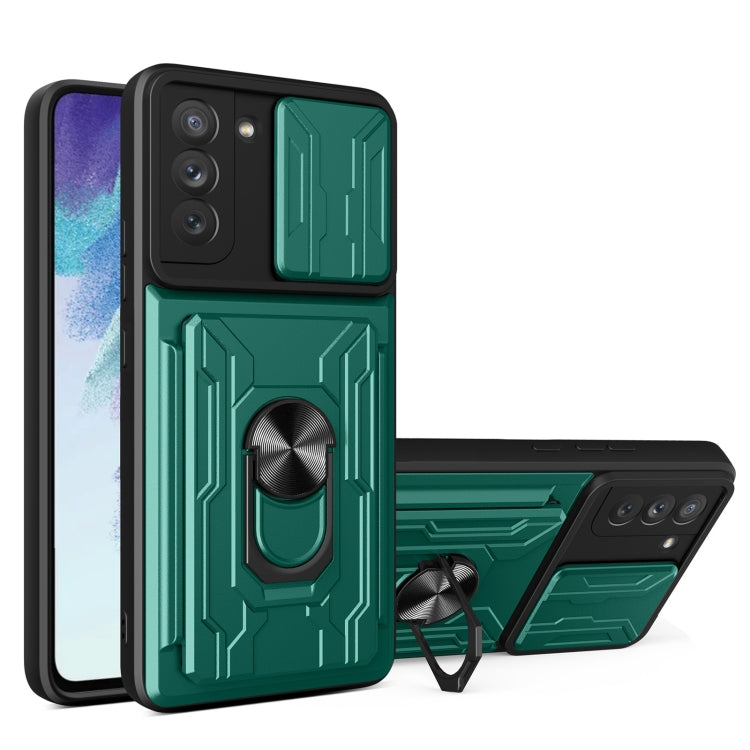 Green phone case with card slot and camera cover, rugged raised panel
