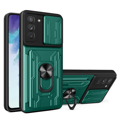Green phone case with card slot and camera cover, rugged raised panel