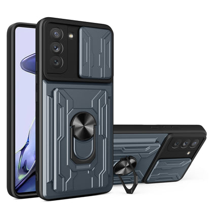 Dark gray phone case with card slot and camera cover, rugged raised panel