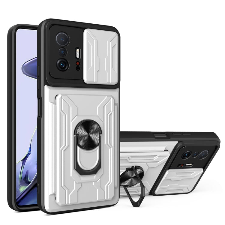 Phone case with camera cover, card slot, and ring stand; white and black design