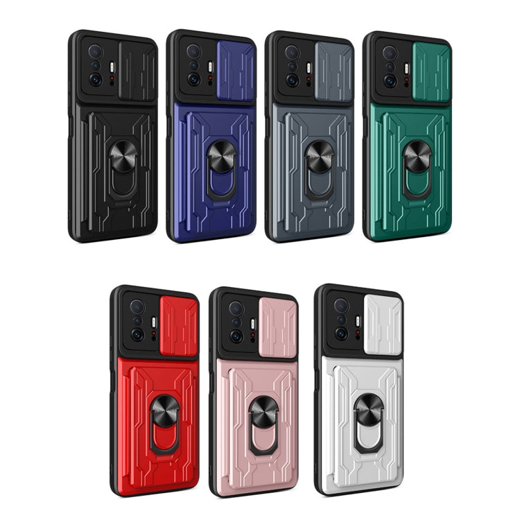 Phone case set in multiple colors with camera cover, card slot, and ring stand