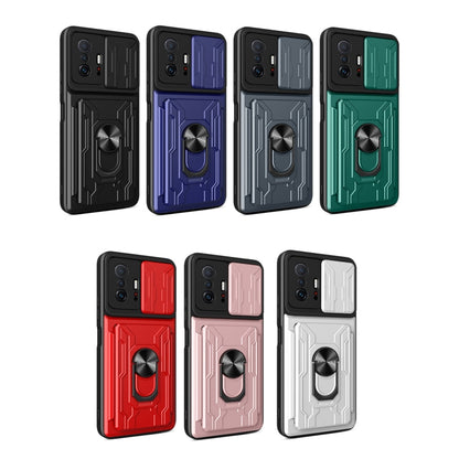 Phone case set in multiple colors with camera cover, card slot, and ring stand