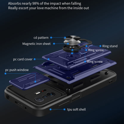 Phone case with camera cover and ring stand shown with layered protective structure