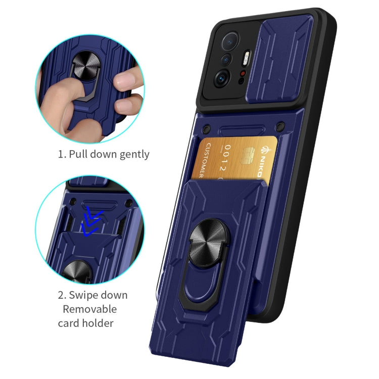 Blue phone case with removable card holder and rotating ring stand