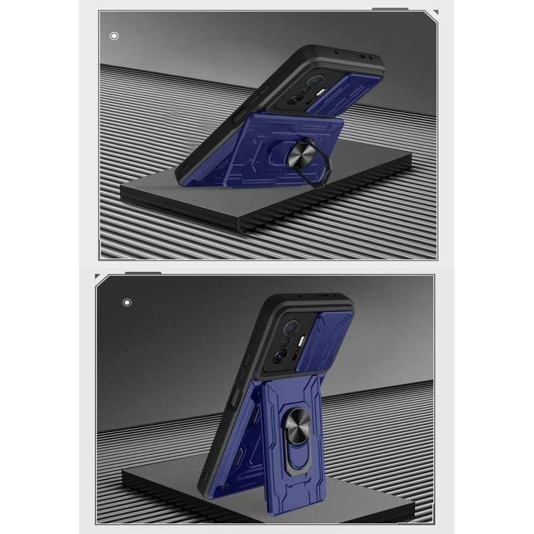 Phone case with camera cover, ring stand, and card slot; blue protective back