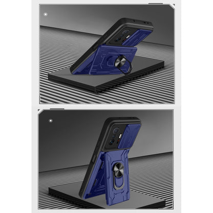 Phone case with camera cover, ring stand, and card slot; blue protective back