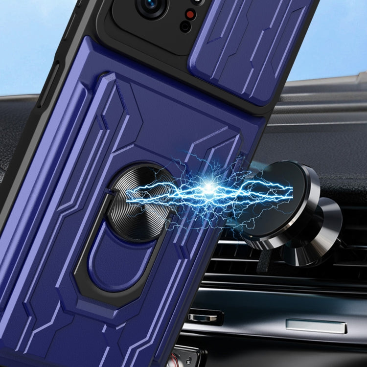 Close-up of blue phone case with camera cover and ring stand on textured panel
