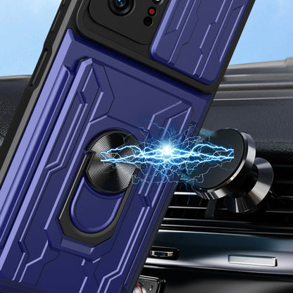 Close-up of blue phone case with camera cover and ring stand on textured panel