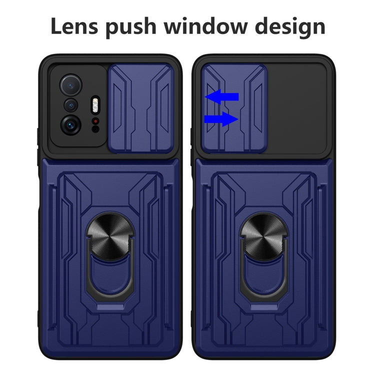 Blue phone case with lens push window design and ring stand; card holder back