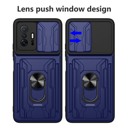 Blue phone case with lens push window design and ring stand; card holder back