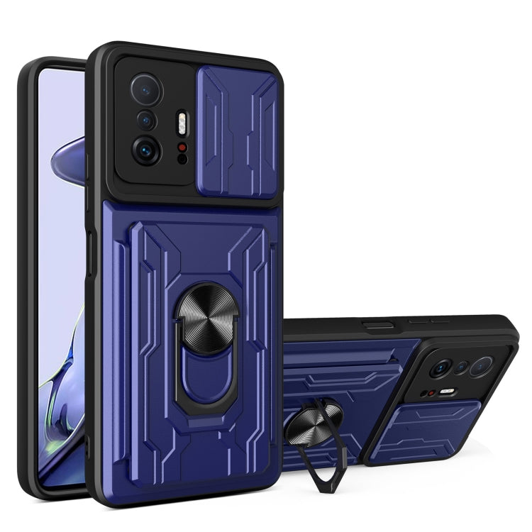 Blue phone case with camera cover, card slot, and ring stand; back view