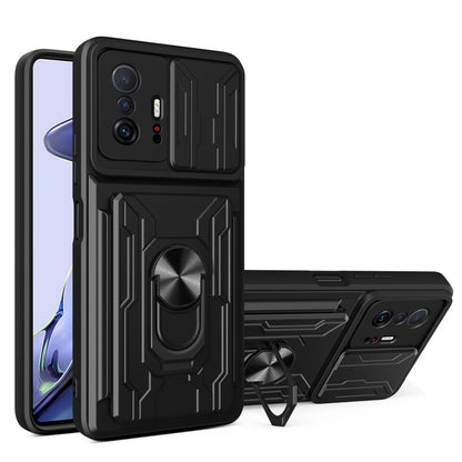 Black phone case with camera cover, card slot, and ring stand; back view