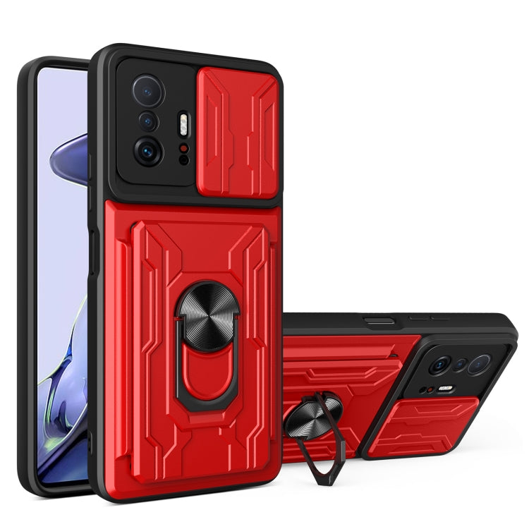 Red phone case with camera cover, card slot, and ring stand; back view