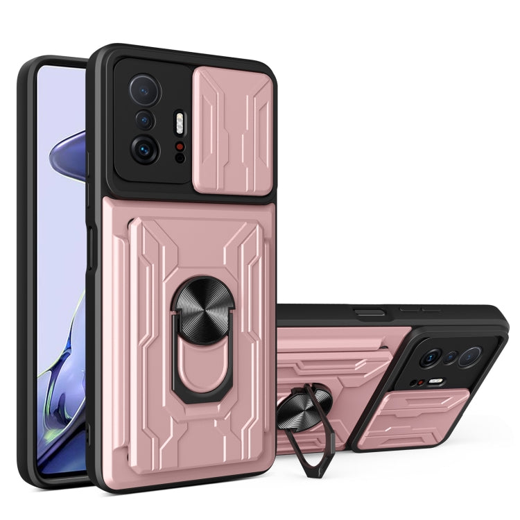 Rose gold rugged phone case with card slot, camera cover, and kickstand holder.