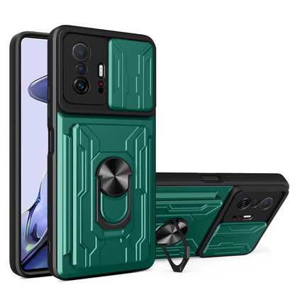 Green rugged phone case with card slot, camera cover, and ring kickstand holder.
