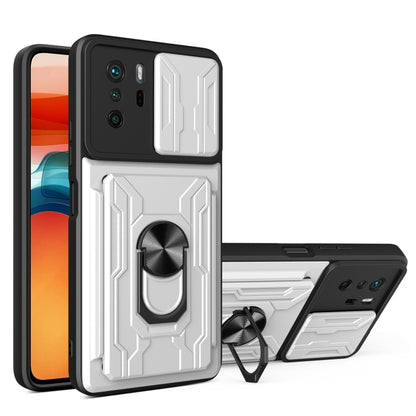 White rugged phone case with card slot, camera cover, and ring kickstand holder.