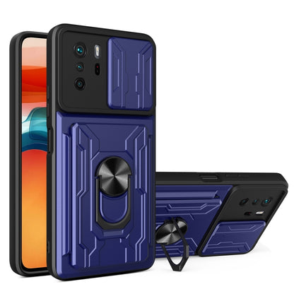 Blue rugged phone case with card slot, camera cover, and ring kickstand holder.