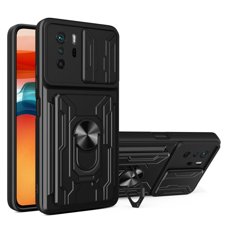 Black rugged phone case with card slot, camera cover, and ring kickstand holder.
