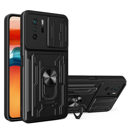 Black rugged phone case with card slot, camera cover, and ring kickstand holder.