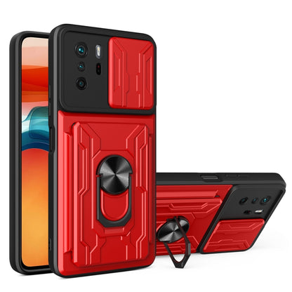 Red rugged phone case with card slot, camera cover, and ring kickstand holder.