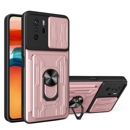 Rose gold rugged phone case with card slot, camera cover, and stand holder.