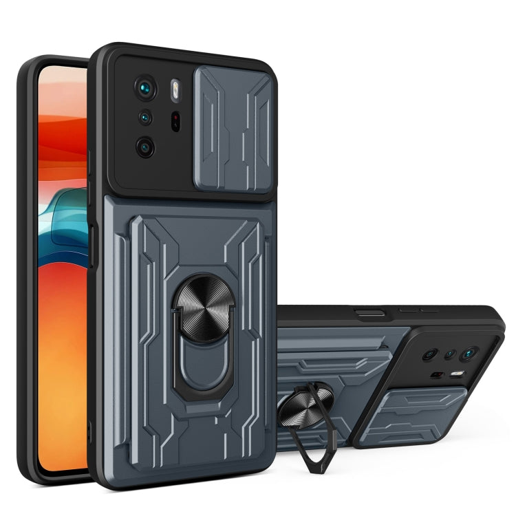 Grey rugged phone case with card slot, camera cover, and stand holder.