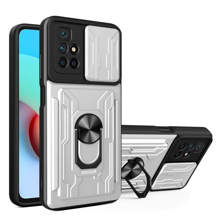 White/black phone case with camera cover, card slot, and kickstand holder