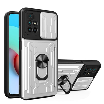 White/black phone case with camera cover, card slot, and kickstand holder