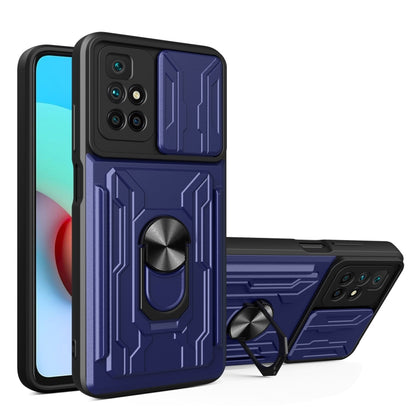Blue phone case with camera cover, card slot, and kickstand holder