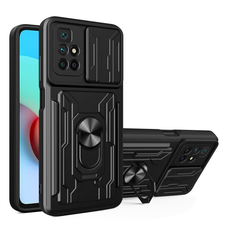 Black phone case with camera cover, card slot, and kickstand holder