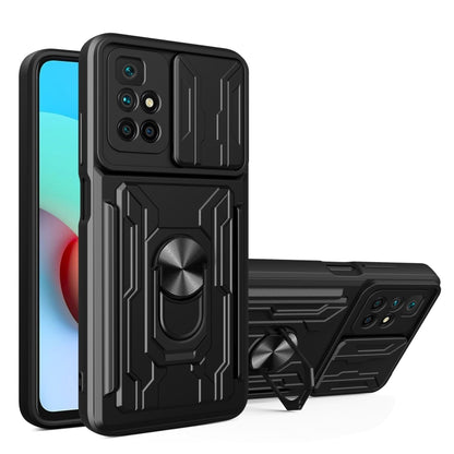 Black phone case with camera cover, card slot, and kickstand holder