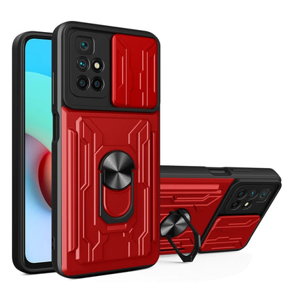 Red phone case with camera cover, card slot, and kickstand holder