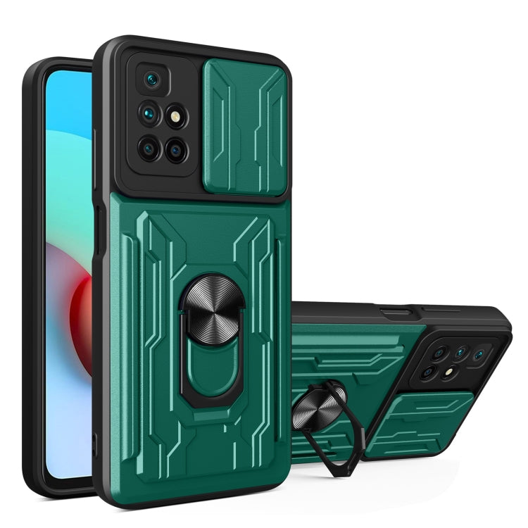 Green phone case with camera cover, card slot, and kickstand holder