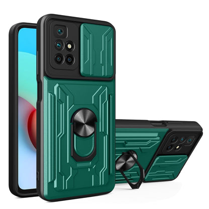 Green phone case with camera cover, card slot, and kickstand holder