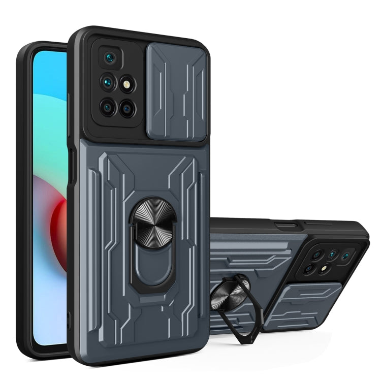 Charcoal phone case with camera cover, card slot, and kickstand holder