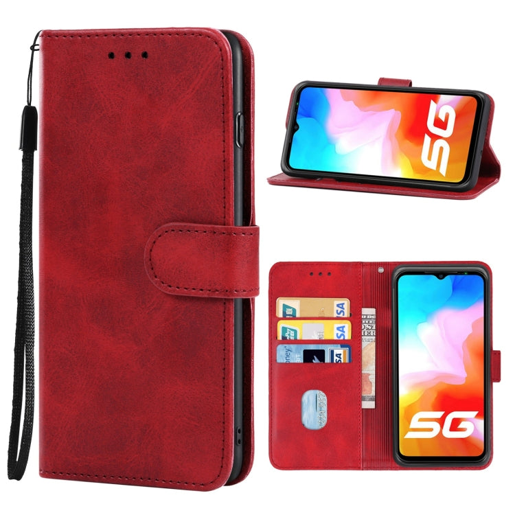 Red leather phone folio case with side strap, front flap, and card slots