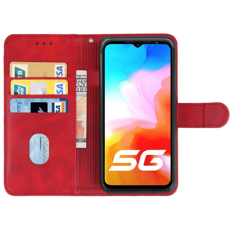 Red leather phone folio case opened wide, showing card slots and pocket