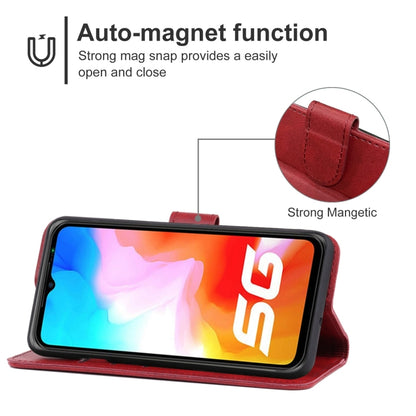 Red leather phone folio case with magnetic snap closure and fold-out stand
