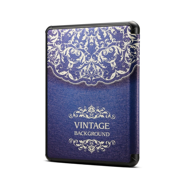 Navy-blue PU leather tablet case with ornate scroll pattern and hinged flap for Kindle