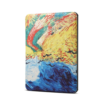 PU leather tablet case with colorful painterly landscape artwork and protective flap