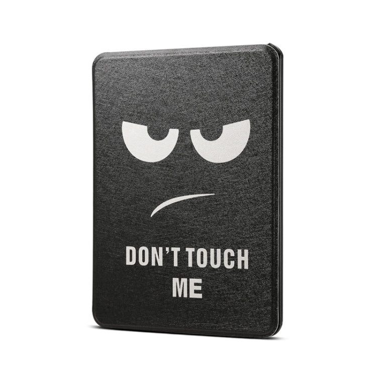 Dark gray PU leather tablet case with sleepy face graphic and text "DON'T TOUCH ME"