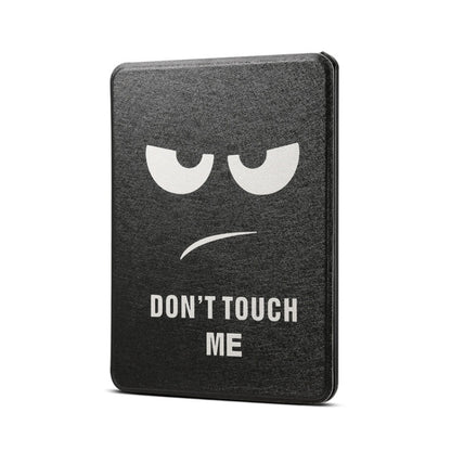 Dark gray PU leather tablet case with sleepy face graphic and text "DON'T TOUCH ME"