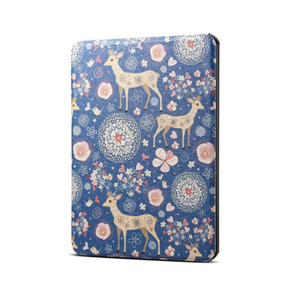 Blue PU leather tablet case with deer and floral pattern and protective flap