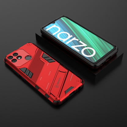 Red rugged shockproof phone case with TPU bumper and camera cutouts, angled view