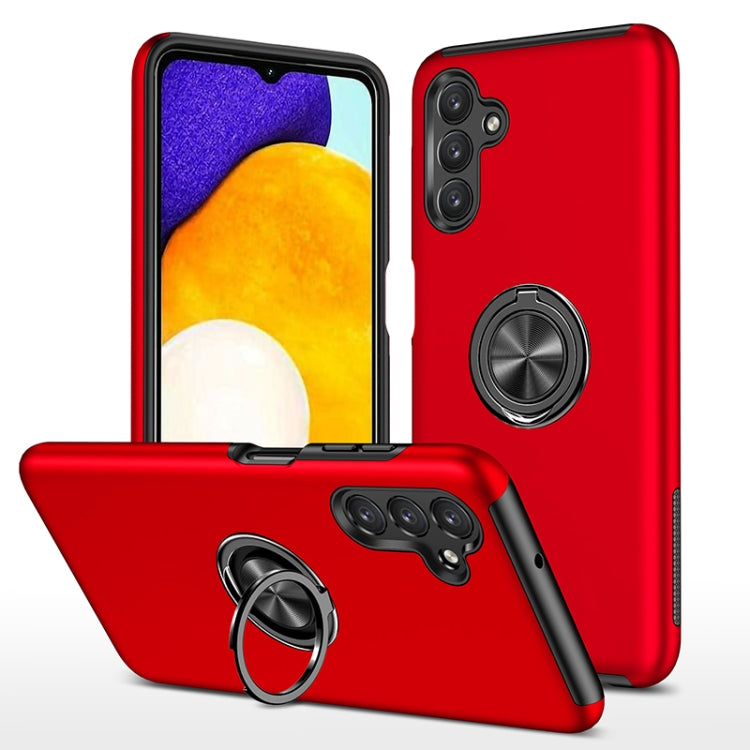 Red TPU phone case with magnetic ring holder and raised camera protection.