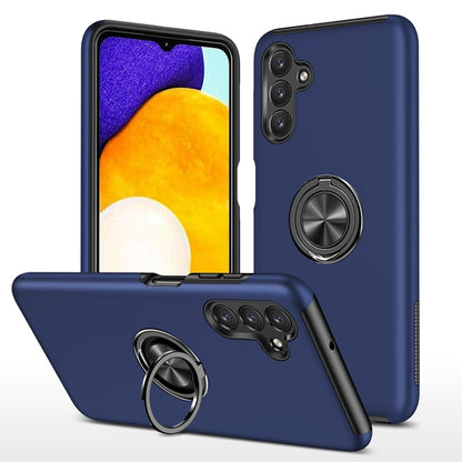 Blue TPU phone case with magnetic ring holder and raised camera protection.