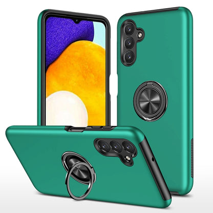 Dark green TPU phone case with magnetic ring holder and raised camera protection.
