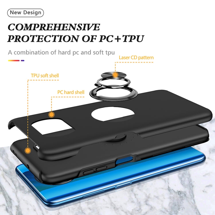 Black PC+TPU magnetic phone case with ring holder, protective edges, and cutouts